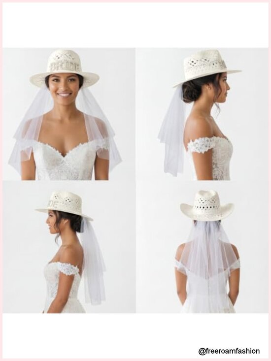 BRIDE Cowgirl Straw Hat with Veil Rhinestone Wide Brim Cowboy Hat Bachelorette main image 5